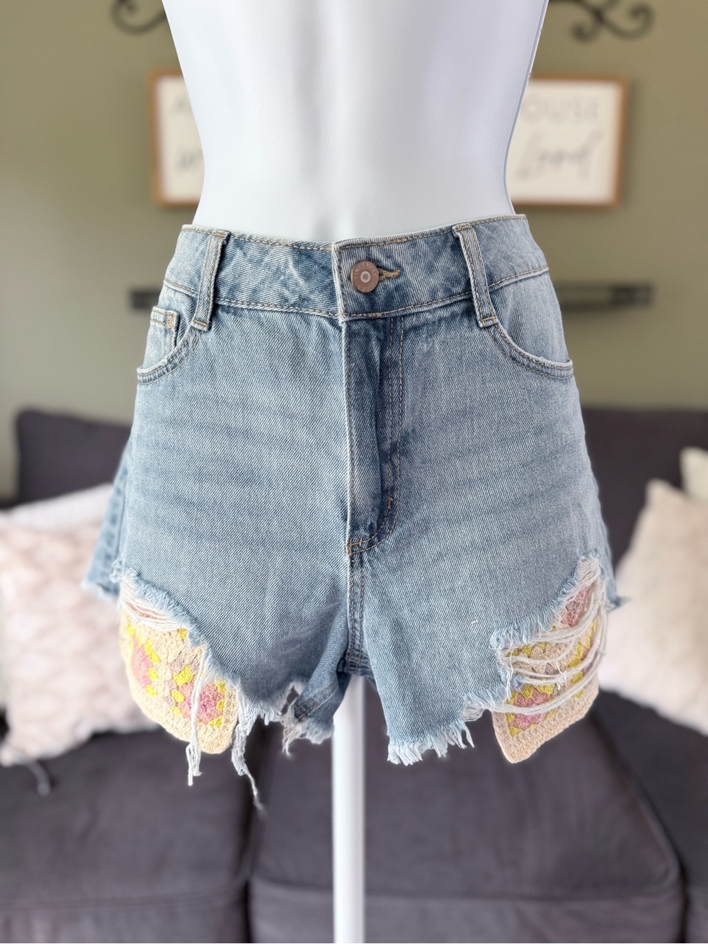 Sincerely Jules Light Blue Denim Shorts with Yellow Lace Accents